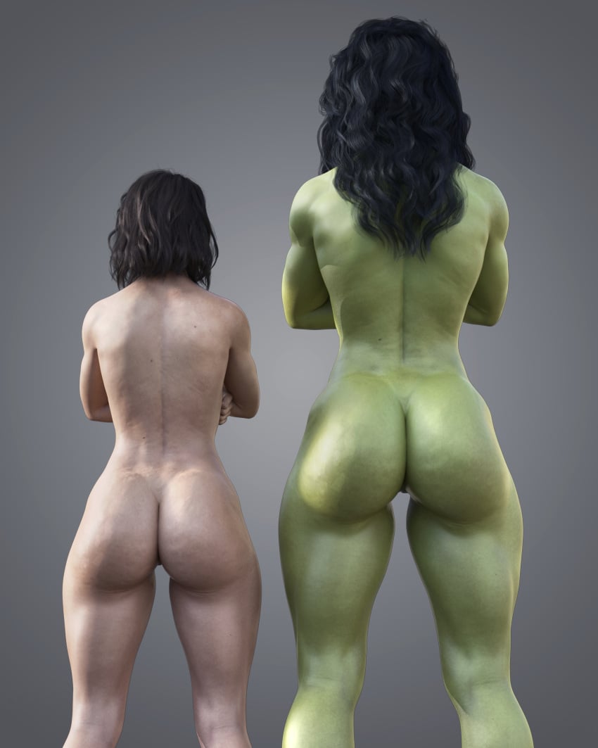 1girls 3d 3d_(artwork) alter_ego arms_crossed ass back_view before_and_after big_ass black_hair completely_nude completely_nude_female dual_persona female female_only green-skinned_female green_body green_skin hulk_(series) jennifer_walters large_ass light-skinned_female light_skin long_hair marvel marvel_cinematic_universe marvel_comics muscular muscular_female nude nude_female pussy rear_view she-hulk she-hulk:_attorney_at_law short_hair simple_background solo tatiana_maslany tekonsfw thighs