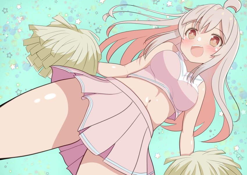 1girls ahoge cheerleader from_below hi_res long_hair looking_at_viewer medium_breasts momurya navel onii-chan_wa_oshimai! open_mouth oyama_mahiro pink_eyes pink_hair pleated_skirt pom_poms thighs viewed_from_below