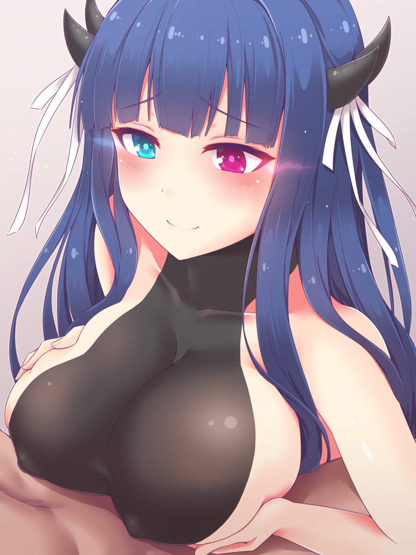 1boy 1girls azur_lane blue_eye blue_hair blush dark-skinned_male dark_skin hair_ornament heterochromia horns ibuki_(azur_lane) koumei_(twinameless) light-skinned_female light_skin nipple_bulge paizuri paizuri_under_clothes purple_eye sakura_empire_(azur_lane) sideboob smile