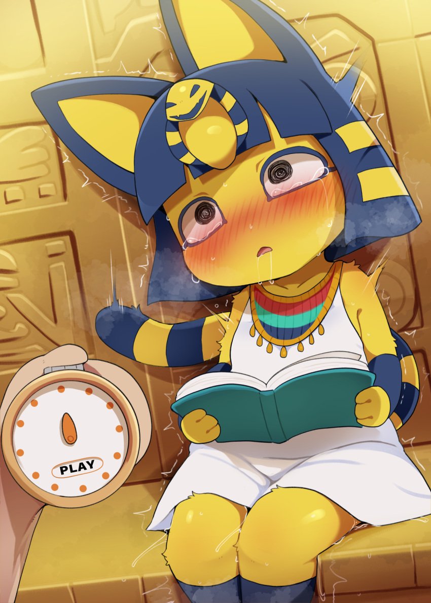 animal_crossing animal_crossing_boy ankha ankha_(animal_crossing) blush dagasi delayed_reaction digital_media_(artwork) duo english_text felid feline female hi_res human male male/female mammal nintendo solo_focus text time_resume time_stop villager_(animal_crossing)