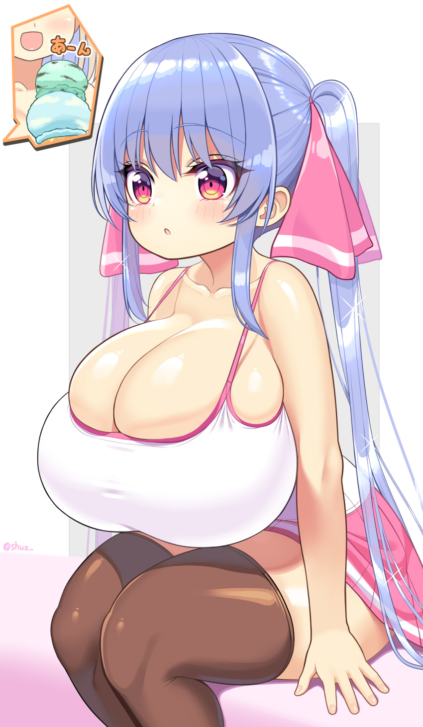 1girls barely_contained big_ass blue_hair breasts_bigger_than_head clothed female female_only hair_ribbon hourglass_figure huge_breasts long_hair o.o original pink_eyes riko_(shuz) shortstack shuz_(dodidu) sitting skindentation skirt slim_waist solo stretched_clothing tank_top thick_thighs thighhighs tight_clothing twintails wide_hips