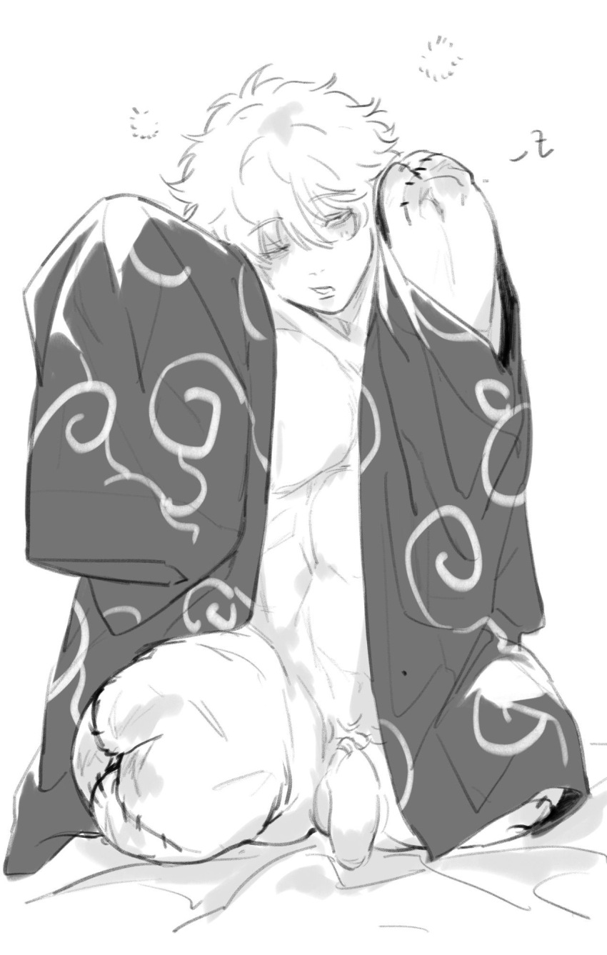 amputee flaccid gintama gintoki_sakata guro haori male male_only mew_(pixiv) monochrome partially_clothed penis quadruple_amputee sketch solo stitches surgical_suture uncensored waking_up wearing_others_clothes