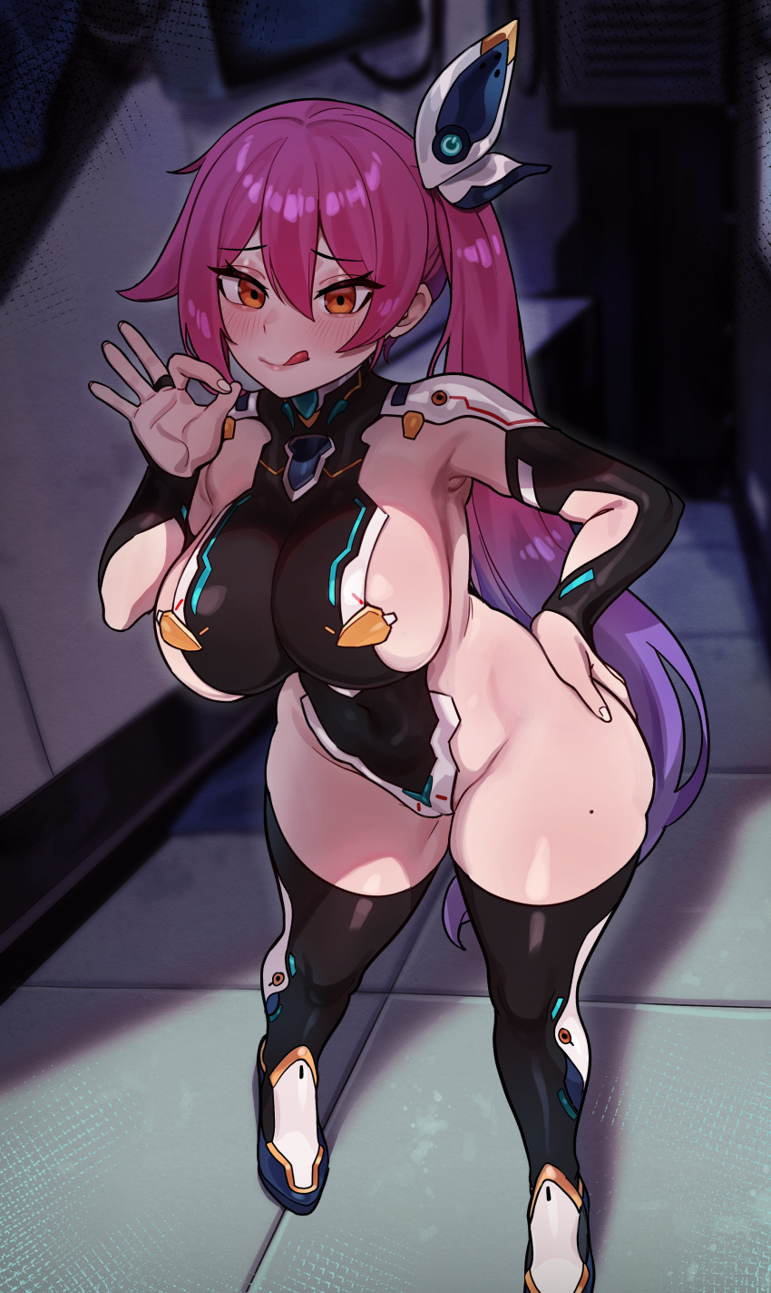 1girls 5t_(artist) absurd_res breasts commission fellatio_gesture female hi_res hips huge_breasts large_breasts light-skinned_female light_skin long_hair looking_at_viewer naughty_face new_(lk) orange_eyes original pink_hair prostitution side_ponytail suggestive_look thick_thighs thighs wide_hips