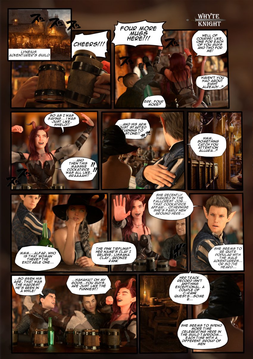 1girls 3boys 3d 3d_(artwork) bottle comic comic_page drinking fantasy female guild horn horns horny_female red_body red_eyes red_hair red_skin story story_in_picture tavern tiefling tiefling_girl whyte_knight