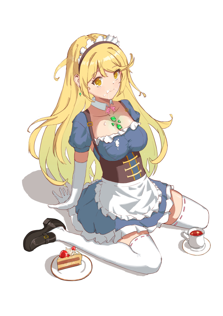 1girls apron blonde_hair bowtie breasts cake core_crystal cup detached_collar earrings elbow_gloves food food_on_face footwear_fetish gloves large_breasts long_hair looking_at_viewer maid maid_apron maid_headdress maid_uniform mythra nintendo shoes thighhighs user_mnee2255 wariza xenoblade_(series) xenoblade_chronicles_2 yellow_eyes