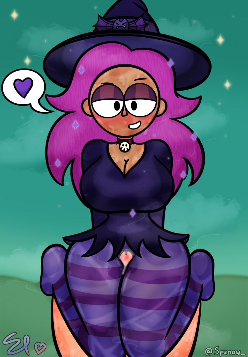 1girls absurd_res artist_name artist_signature blush cartoon_network clothed clothed_female_nude_male clothed_sex enid enid_(ok_k.o.!_lbh) female female_focus female_on_top halloween halloween_costume heart looking_at_viewer ok_k.o.!_let's_be_heroes pantyhose penis purple_hair signature skull smile smiling smiling_at_viewer speech_bubble spunow_ stars tagme thigh_sex witch witch_costume witch_hat