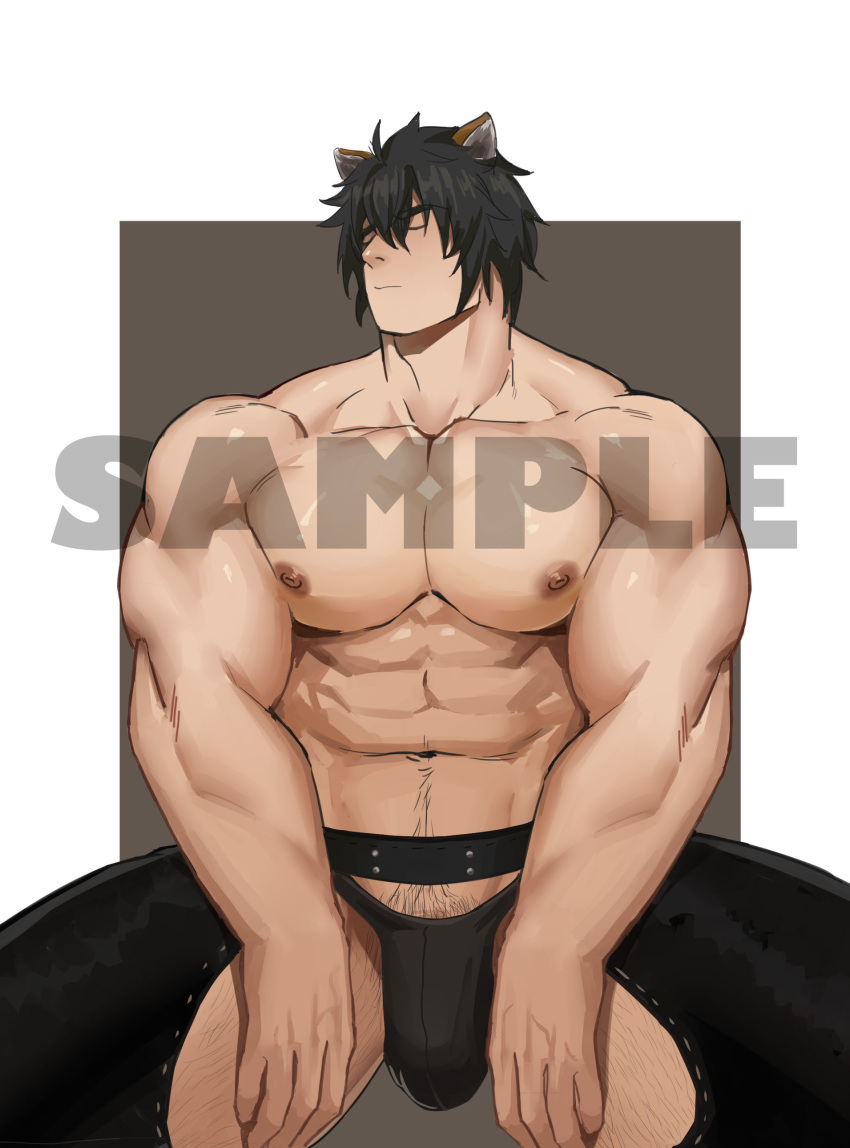 animal_ears arknights balls bara broca_(arknights) bulge chaps closed_eyes male male_only muscles muscular penis shirtless solo solo_male spread_legs xianyusamuel