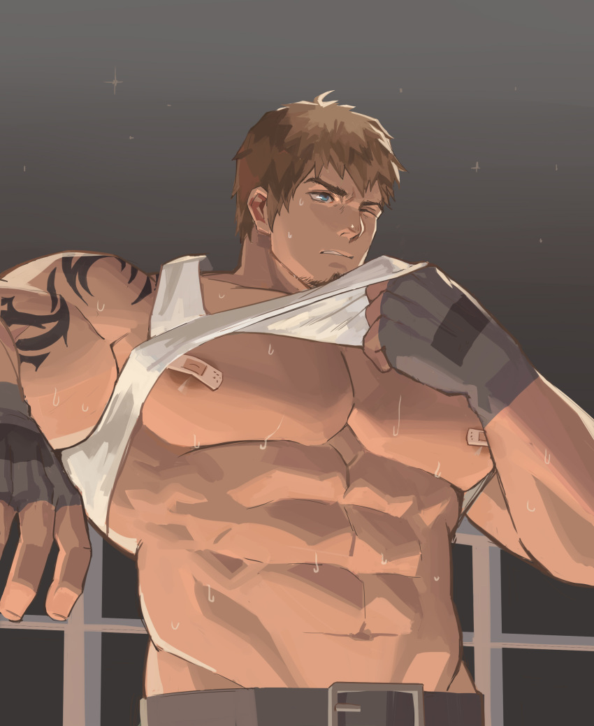 adventurer_(ff14) bara facial_hair final_fantasy final_fantasy_xiv male male_only muscles muscular solo solo_male sweaty tank_top tank_top_lift warrior_of_light warrior_of_light_(ff14) warrior_of_light_(final_fantasy_xiv) xianyusamuel