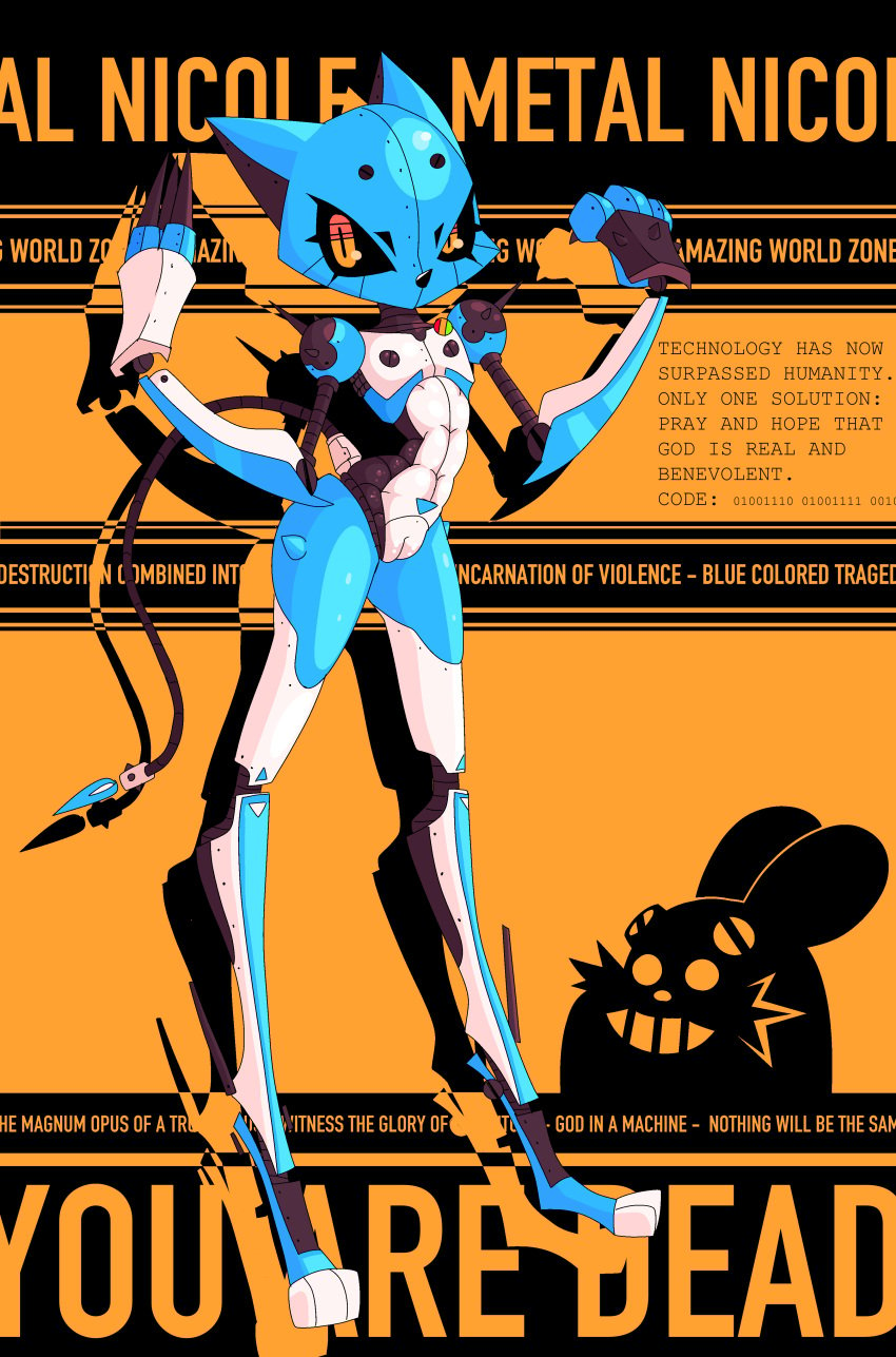 abs absurd_res animatronic anthro armor blue_body blue_fire breasts cartoon_network claw_(weapon) claws claws_out colored_fire digital_media_(artwork) domestic_cat dr._eggman english_text eyewear facial_hair felid feline felis female fire genitals headgear hi_res humanoid lagomorph leporid looking_at_viewer machine male mammal mature_female melee_weapon metallic_body moustache nicole_watterson nipples nude orange_eyes padding paws pin_button ponporio_(artist) pupils pussy rabbit raised_claws richard_watterson robot robot_eyes robotic_arm robotic_leg robotization sega simple_background slit_pupils solo solo_focus sonic_(series) sonic_the_hedgehog_(series) spikes tail tail_flame text the_amazing_world_of_gumball weapon white_body