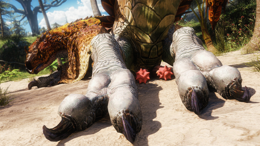 2_penises animal_genitalia animal_penis ass blue_body blue_scales capcom claws depth_of_field diphallia diphallism fanged_wyvern feet feral foot_focus genitals grass hemipenes hi_res hindpaw looking_at_viewer looking_back lying male monster_hunter multi_genitalia multi_penis on_front open_mouth pawpads paws penis penis_backwards plant raised_tail red_eyes sand scales solo tail tobi-kadachi tongue tongue_out tree zdnoz