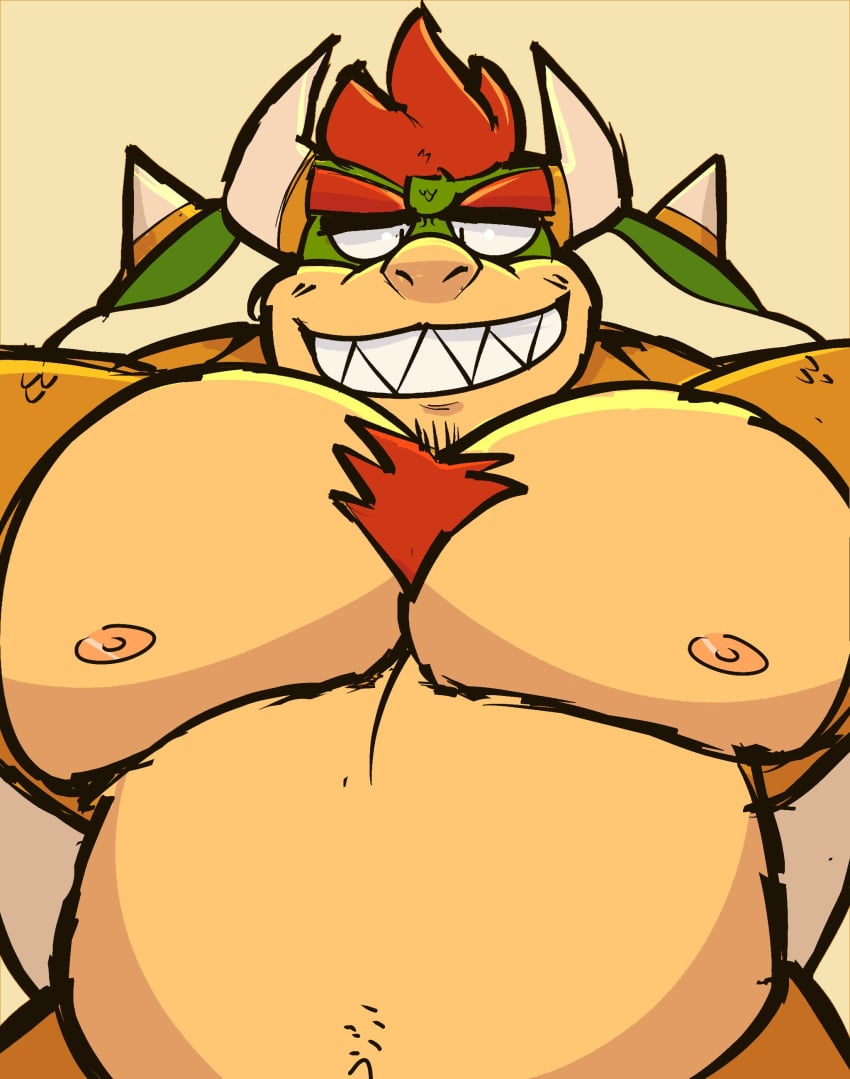 2023 absurd_res anthro bara barazoku belly big_muscles big_pecs body_hair bowser chest_hair digital_media_(artwork) eyebrows front_view furry hair hi_res horn huge_muscles huge_pecs janjauwu koopa looking_at_viewer male male_only mario_(series) musclegut muscular muscular_anthro muscular_male narrowed_eyes navel nintendo nipples non-mammal_nipples nude pecs scalie sharp_teeth shell simple_background smile solo spiked_shell spikes spikes_(anatomy) tan_background teeth