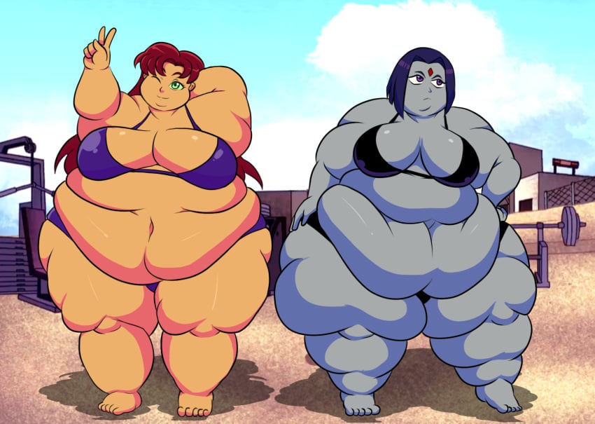 2girls bbw beach belly big_belly big_breasts bikini breasts cleavage dc dc_comics fat female grey_skin morbidly_obese obese orange_skin overweight raven_(dc) roxas617 ssbbw starfire teen_titans thunder_thighs