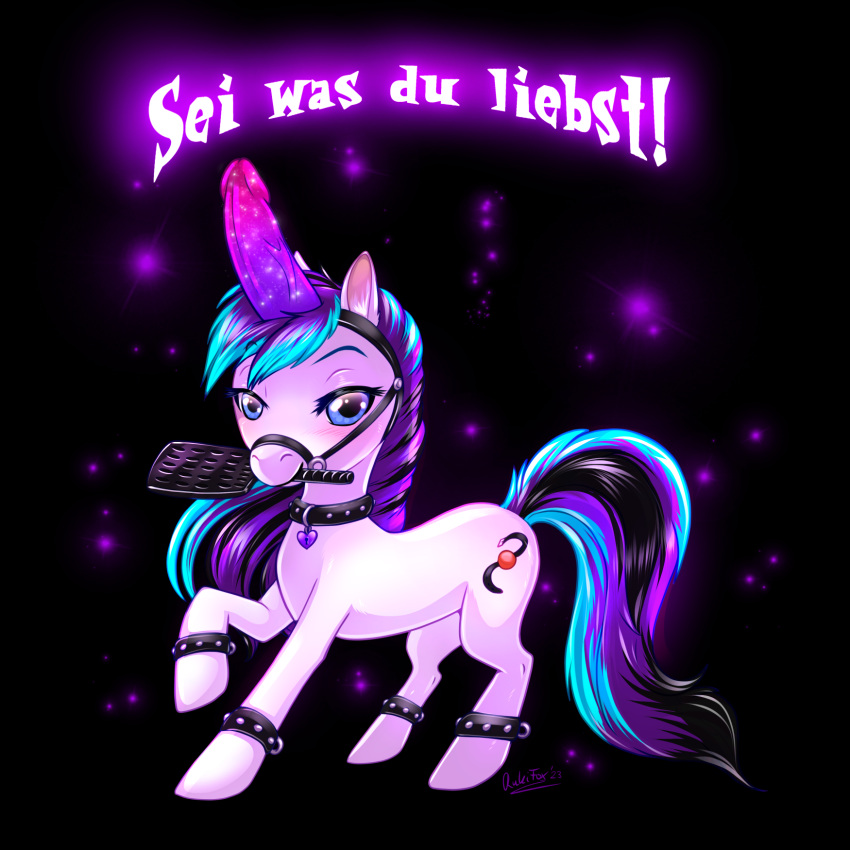 all_fours ambiguous_gender black_background blue_eyes collar dildo equid equine feral german_text hi_res horse mammal rukifox sex_toy simple_background solo white_body