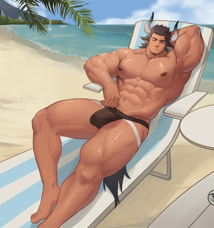 arknights balls bara beach_chair bulge cow_boy cow_ears facial_hair hand_behind_head horns jockstrap male male_only matterhorn_(arknights) muscles muscular penis solo solo_male xianyusamuel