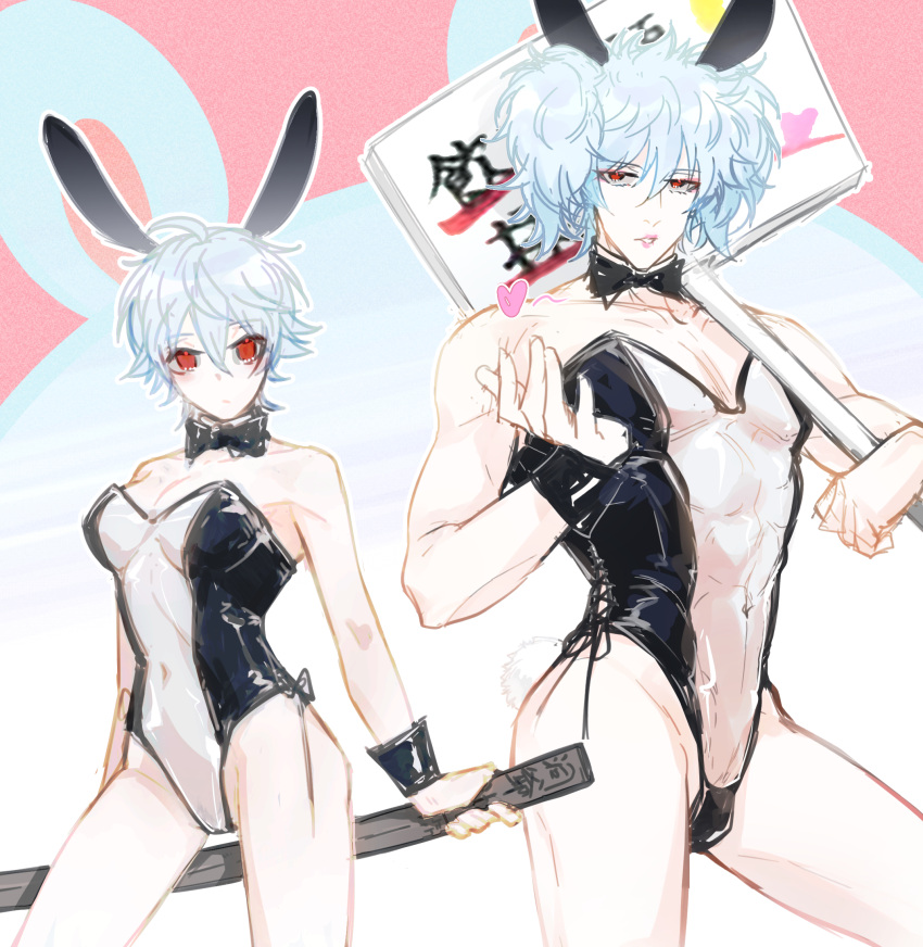 1boy 1girls alternate_costume bowtie bunny_boy bunny_ears bunny_girl bunny_tail bunnysuit canon_crossdressing canon_genderswap cleavage crossdressing detached_collar dual_persona female genderswap_(mtf) ginko_sakata gintama gintoki_sakata ivan_11300 katana light_blue_hair looking_at_viewer makeup male medium_breasts muscular muscular_male paako pale-skinned_female pale-skinned_male pale_skin red_eyes rule_63 short_hair sign silver_hair sword transparent_bunnysuit twintails very_short_hair weapon wig