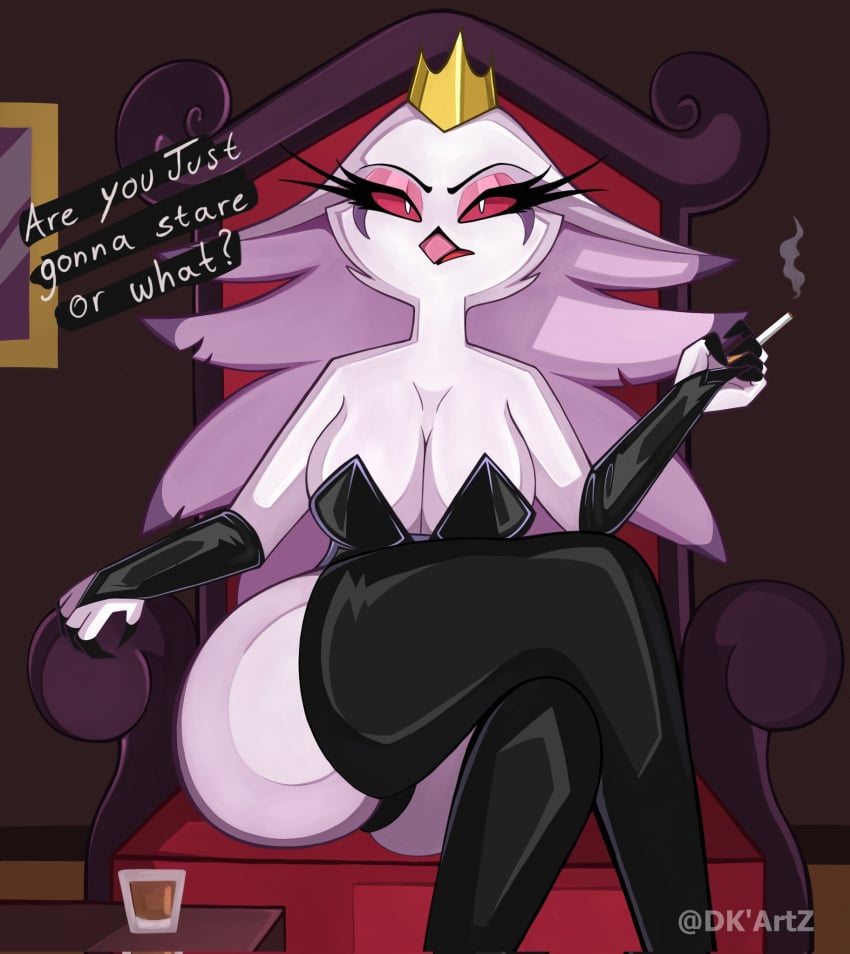 anthro avian beak bird breasts cigarette cleavage crown demon dk&#039;artz gloves helluva_boss holding mature_anthro mature_female milf open_mouth owl owl_demon pink_sclera royalty sitting solo stella_(helluva_boss) thick_thighs white_eyes