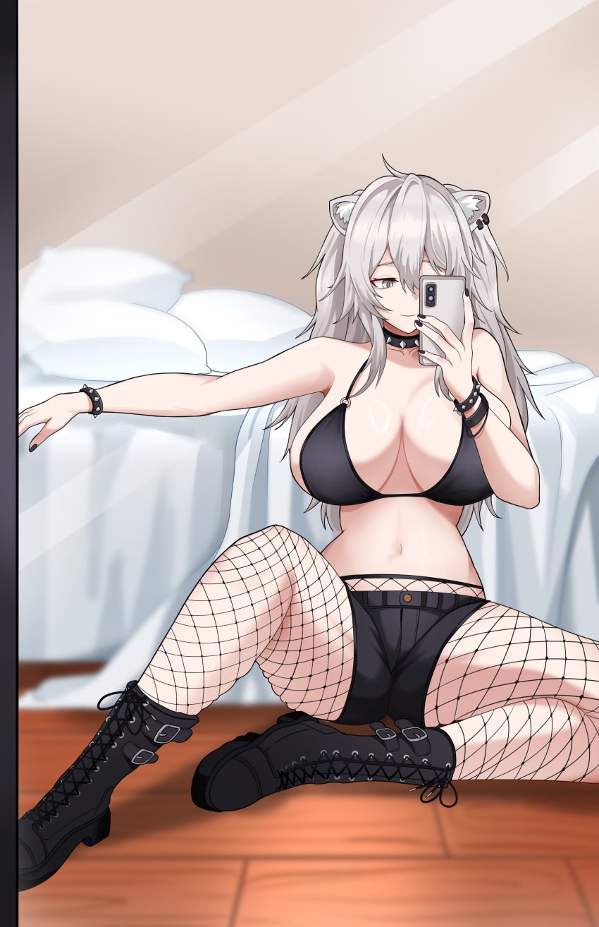 1girls abirdeer animal_ears bed bed_sheet bedroom bikini bikini_top boots bracelet breasts cellphone choker collar earrings fishnets grey_eyes grey_fur hair_between_eyes hololive hololive_japan huge_breasts jewelry knee_boots lace lion_ears lion_girl long_sleeves midriff mirror nail_polish pantyhose phone selfie shishiro_botan smartphone spiked_choker spiked_collar spikes spread_legs thick_thighs thighs virtual_youtuber