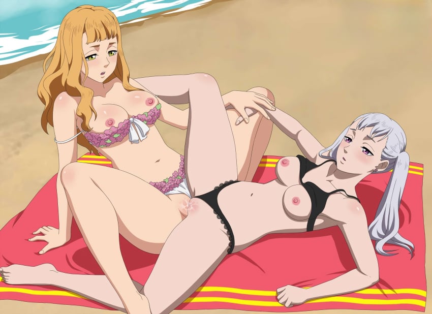 2girls arm_behind_back arm_support auburn_hair barefoot beach beach_towel bikini bikini_aside bikini_lift black_clover blush breasts_out cousins curvy_female day earrings eye_contact feet female female_only flower_bikini green_eyes hand_on_hand highres incest lace_bikini large_breasts lesbian_sex long_hair looking_at_another looking_pleasured lying lying_on_floor magic_knight medium_breasts mimosa_vermillion multiple_girls nature nature_background navel nipples noblewoman noelle_silva ocean open_mouth outdoors outdoors_nudity outdoors_sex partially_nude pink_eyes public_exposure pussy pussy_juice royalty rubbing rubbing_pussy sand scissoring sea silver_hair sitting sitting_on_floor slender_waist thighs tribadism twintails uncensored vaginal_sex vaginal_stimulation yuri