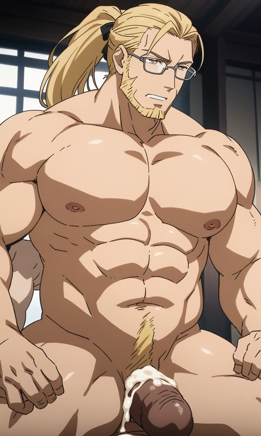 ai_generated big_penis cumming fullmetal_alchemist hohenheim male_only muscular_male penis