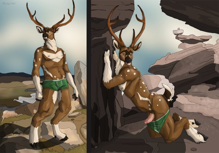 1boy anthro antlers balls cervine color day deer fur green_underwear hooves horns kneeling looking_at_viewer male male_only markings nipples open_mouth outdoors penis pose rachel_(artist) rocks skimpy solo spots standing tail underwear wilderness yellow_eyes