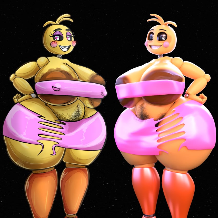 3d 3d_(artwork) absurd_res adri164 animatronic areola ass avian belly big_areola big_breasts big_butt bird body_hair bottomwear breast_squish breasts brown_areola chicken clothed clothing duo female five_nights_at_freddy's five_nights_at_freddy's_2 galliform gallus_(genus) gilf gilf_toy_chica hairy hairy_pussy happy_trail hi_res looking_at_viewer machine maikyoh mature_female navel nipple_slip no_underwear phasianid pubes robot sagging_breasts scottgames sharp_teeth skirt slightly_chubby smile squish teeth thick_thighs topwear toy_chica_(fnaf) yellow_body