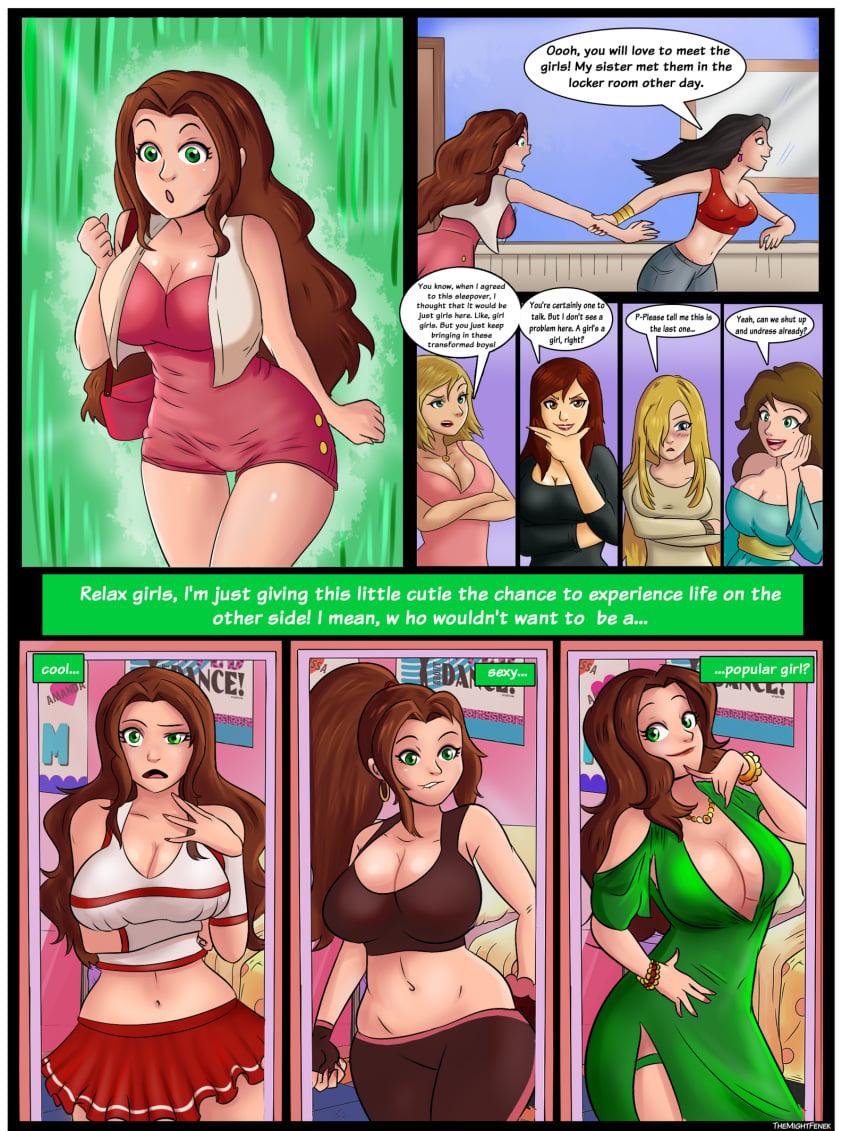 comic dress_up genderswap_(mtf) mtf_transformation sleepover text themightfenek tight_clothing