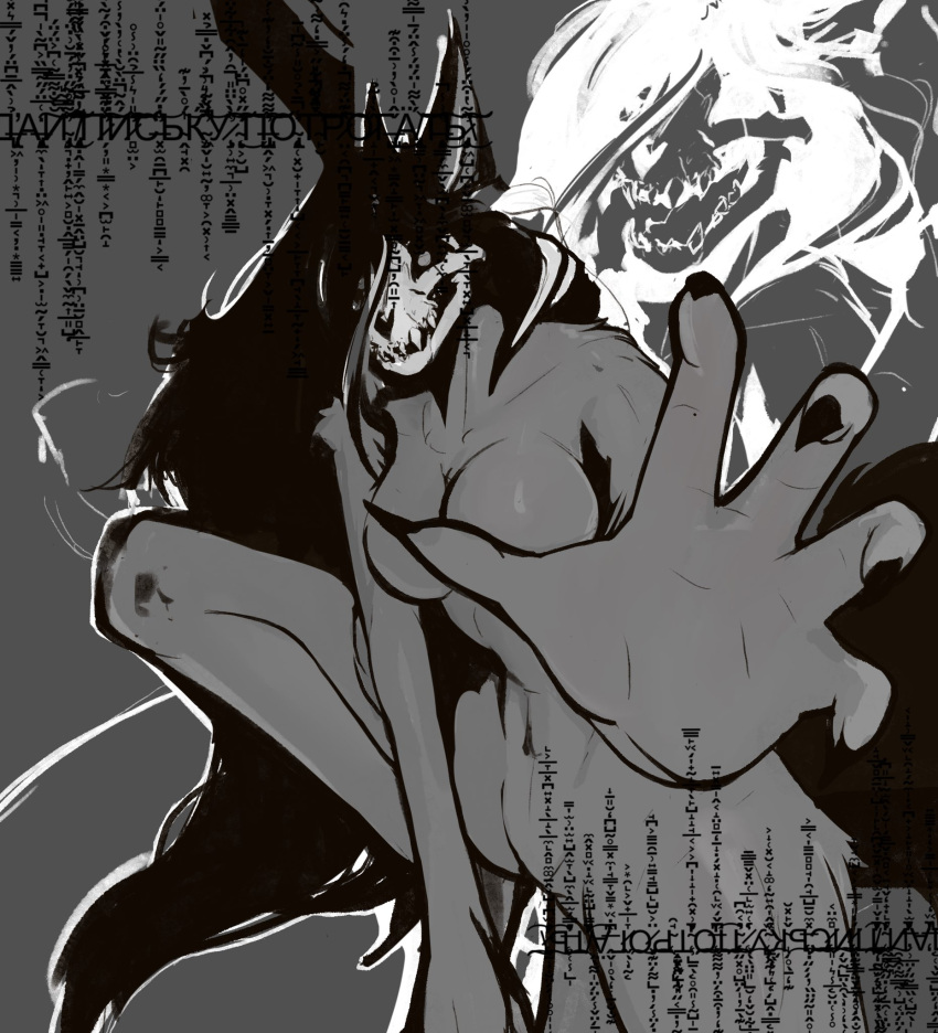 1girls black_hair breasts claws hand_out junepher looking_at_viewer mal0 malo monochrome monster_girl scp-1471 scp-1471-a scp_foundation simple_background skull_head solo teeth zalgo_text