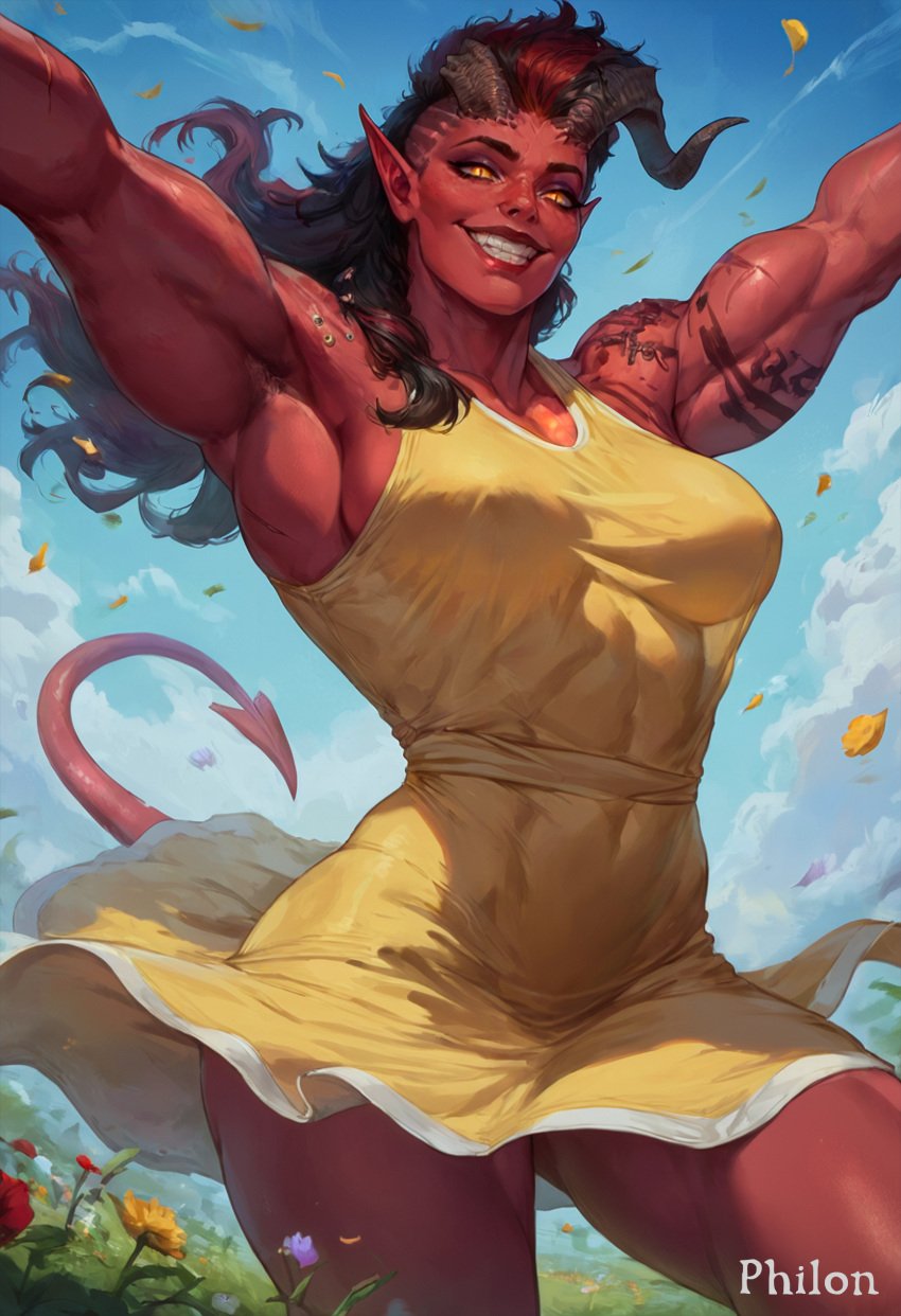 1girls abs ai_generated arm_tattoo armpits arms_up baldur's_gate_3 black_hair blue_sky breasts cloud colored_skin covered_navel covered_nipples cowboy_shot day demon_girl demon_horns demon_tail dress dungeons_and_dragons fangs field flower flower_field forgotten_realms grin happy horns karlach large_breasts lips long_hair looking_at_viewer muscular muscular_female nose outdoors outstretched_arms petals philon pointy_ears red_hair red_skin red_tail scar sky smile solo spread_arms stable_diffusion tail tattoo teeth tusks wind wind_lift yellow_dress yellow_eyes