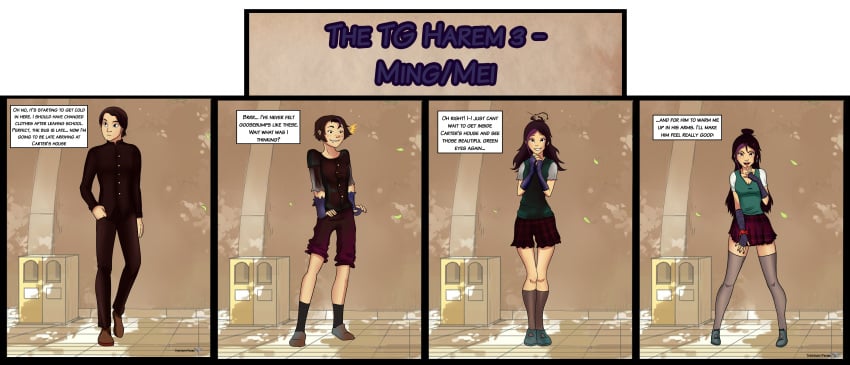 comic english_text genderswap_(mtf) harem mtf_transformation page_3 skirt text themightfenek