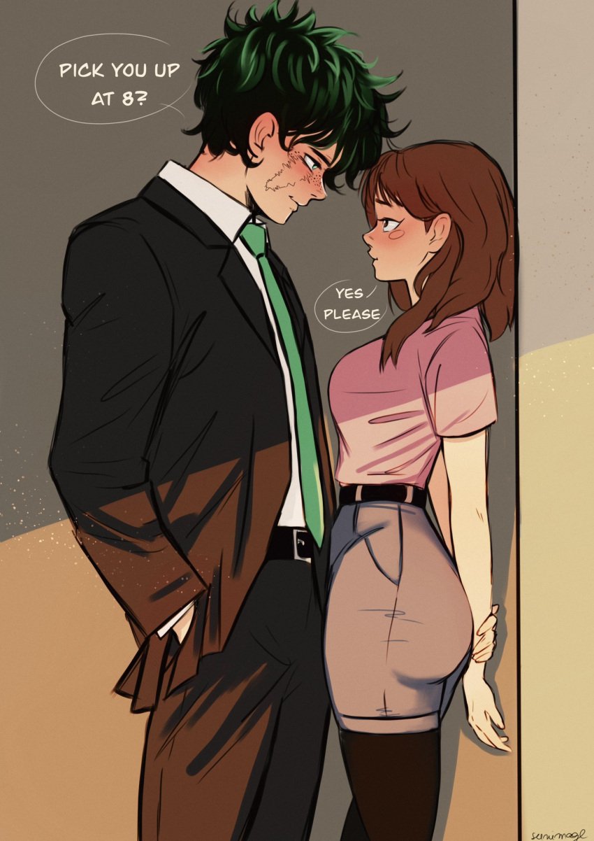 1boy 1girls bigger_male brown_eyes brown_hair eye_contact female green_eyes green_hair green_tie izuku_midoriya male medium_hair messy_hair my_hero_academia ochako_uraraka romantic smaller_female suit suit_and_tie sunimage teacher