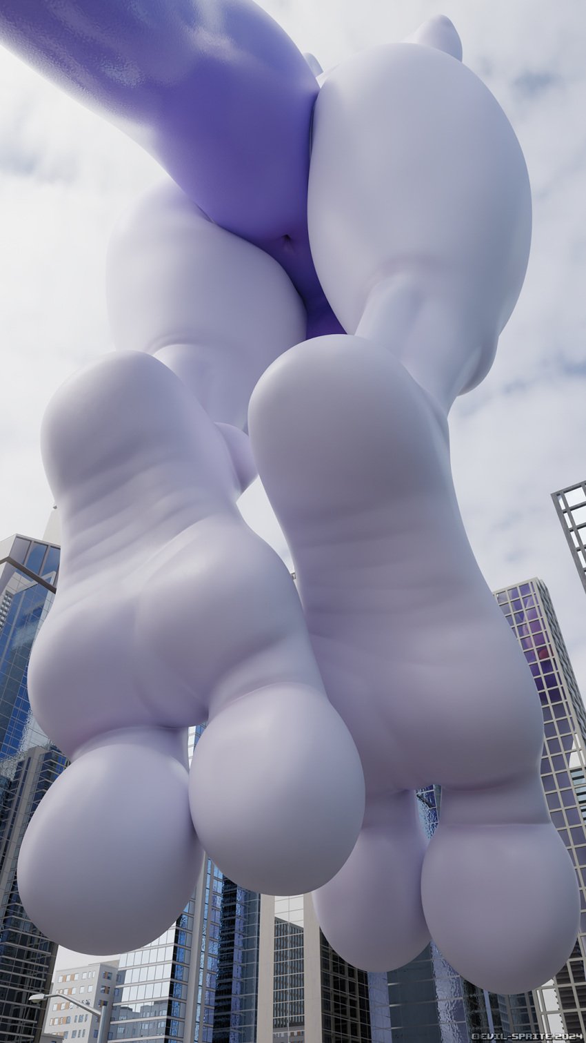 anthro anus big_tail building city evil-sprite feet floating foot_fetish foot_focus generation_1_pokemon hi_res huge_tail humanoid labcat_(reptilligator) legendary_pokemon macro male mewtwo nintendo pokemon pokemon_(species) purple_tail soles tail white_body