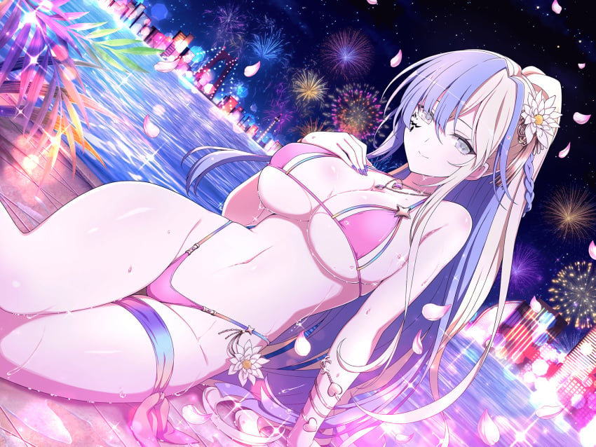 bare_arms bare_belly bare_legs bare_shoulders bare_thighs belly_button big_breasts bikini blush body_blush breasts cleavage closed_mouth fireworks flower_in_hair grey_tail hand_on_own_chest long_hair marvelous micro_bikini multicolored_hair nail_polish necklace night official_art pink_bikini ponytail poolside purple_nails senran_kagura senran_kagura_new_link shiny_skin sideboob smile suiren_(senran_kagura) tattoo thick_thighs thigh_strap thighs thong_bikini two-tone_hair underboob wet_body yaegashi_nan