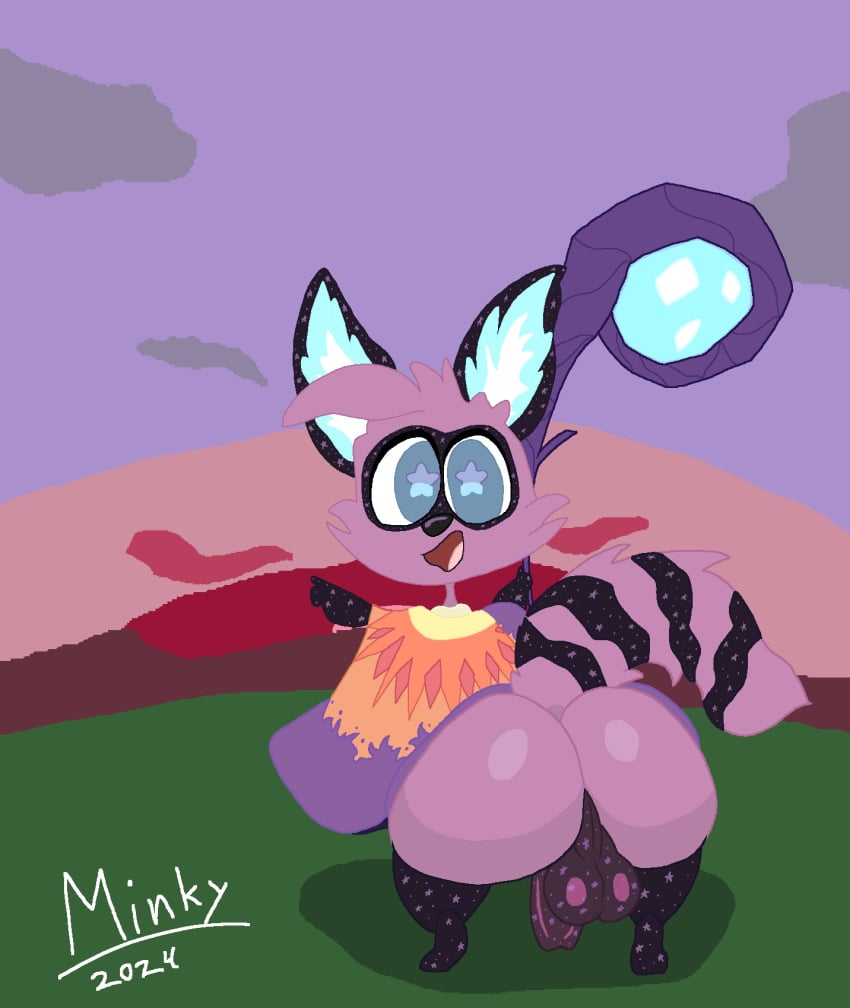 anthro ass balls big_balls big_butt clothed clothing fantasy genitals hi_res looking_at_viewer looking_back magic male mammal minky open_mouth penis poncho procyonid raccoon solo star star_eyes tail tectael