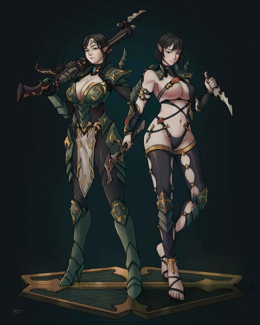 2girls alien alien_girl artist_request big_breasts black_hair dark_eldar drukhari eldar elf_ears female female_only gun knife short_hair stockings tagme_(artist) warhammer_(franchise) warhammer_40k