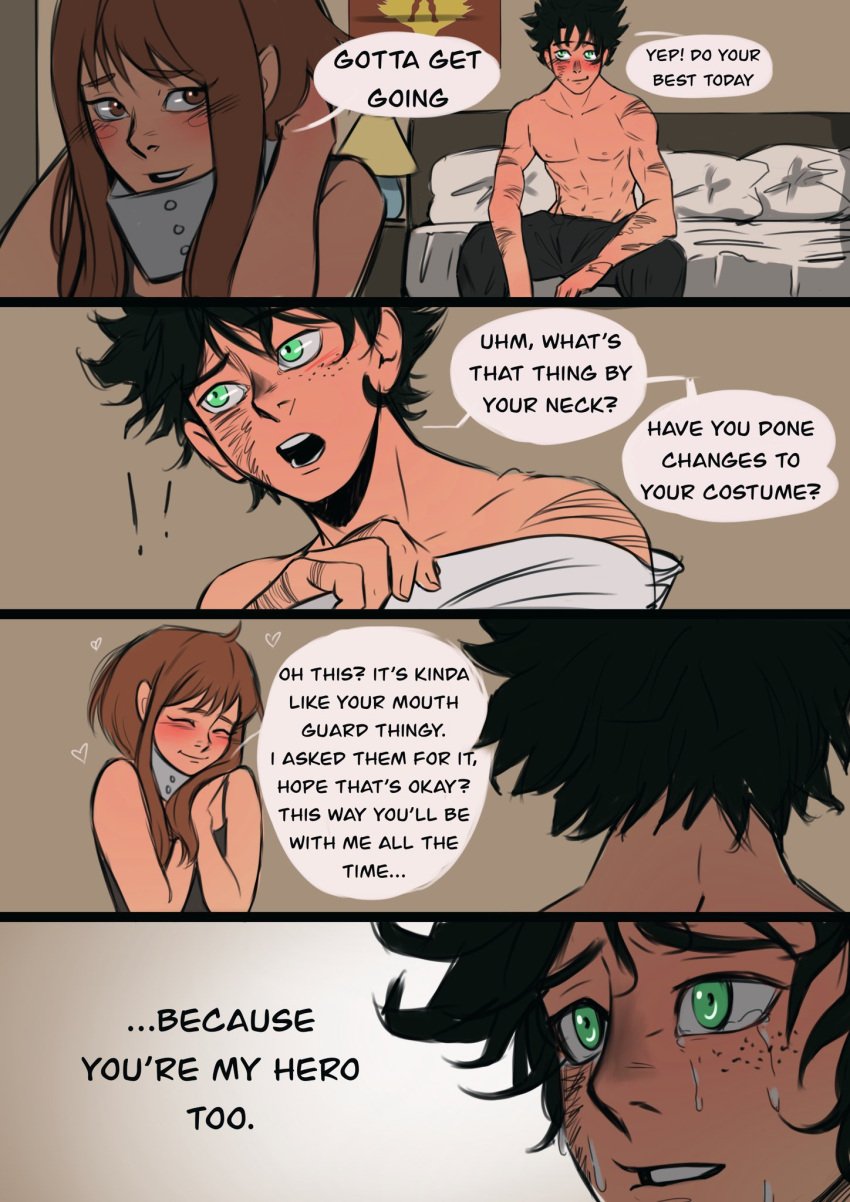 comic dialogue izuku_midoriya morning_after my_hero_academia ochako_uraraka shirtless_male straight sunimage wholesome