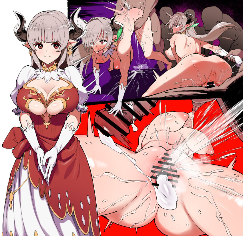 1boy absurdres aburisamon alicia_(granblue_fantasy) ass bar_censor bent_over breasts censored commentary_request commission cum cum_in_pussy curled_horns doggy_style draph dress female female_ejaculation granblue_fantasy grey_hair highres horns large_breasts long_hair multiple_views nipples penis pointy_ears red_dress red_eyes sex skeb_commission standing standing_sex straight