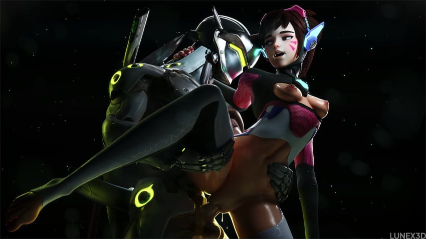 1boy 1girls 3d blizzard_entertainment breasts breasts breasts_out cyborg d.va female female_penetrated fit_female genji hana_song hand_on_leg hand_on_stomach japanese_male korean korean_female light-skinned_female light-skinned_male light_skin looking_pleasured lunex3d makeup male male/female male_penetrating male_penetrating_female open_mouth overwatch overwatch_2 pale-skinned_female partially_clothed pussy pussy_grip pussy_juice pussy_juice_drip tits_out vaginal_penetration