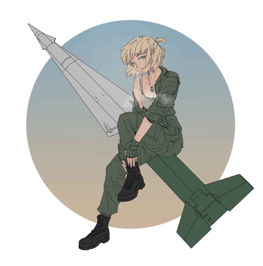 1girls ak47 blonde_hair blue_eyes combat_boots female image_set looking_at_viewer military military_clothing military_uniform radiarts rifle short_hair topwear