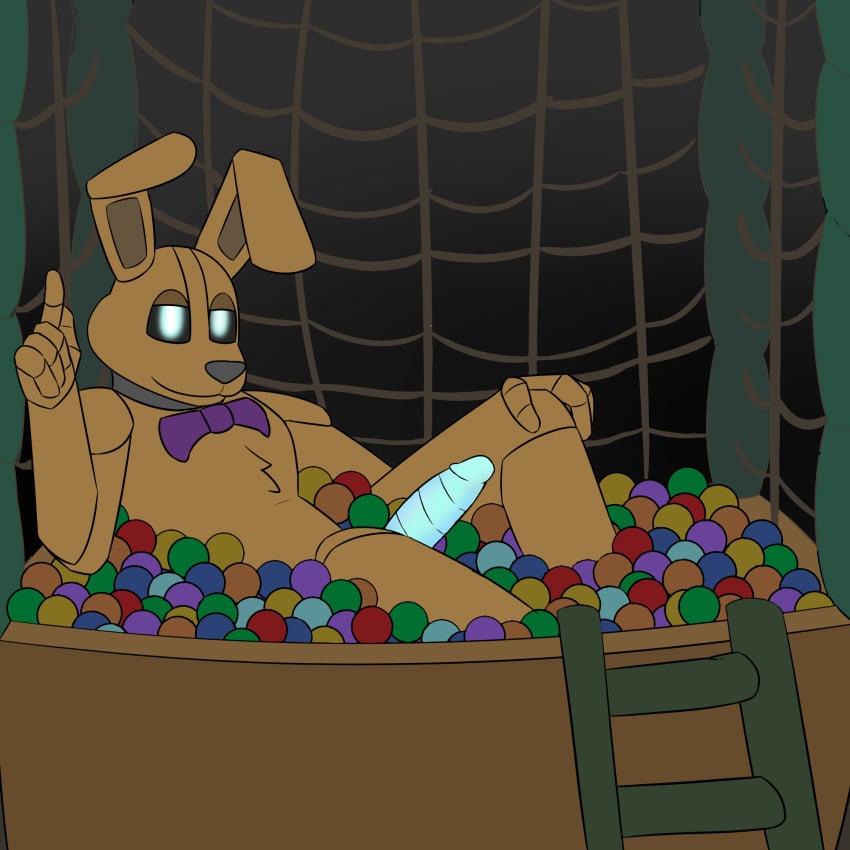 5_fingers animatronic anthro ball_pit big_ears blue_penis bow_tie delta's_art fingers five_nights_at_freddy's genitals glowing glowing_eyes glowing_genitalia hi_res humanoid_genitalia lagomorph leporid living_machine lying machine male male_only mammal on_back penis rabbit robot scottgames simple_background simple_coloring solo spring_bonnie spring_bonnie_(fnaf)