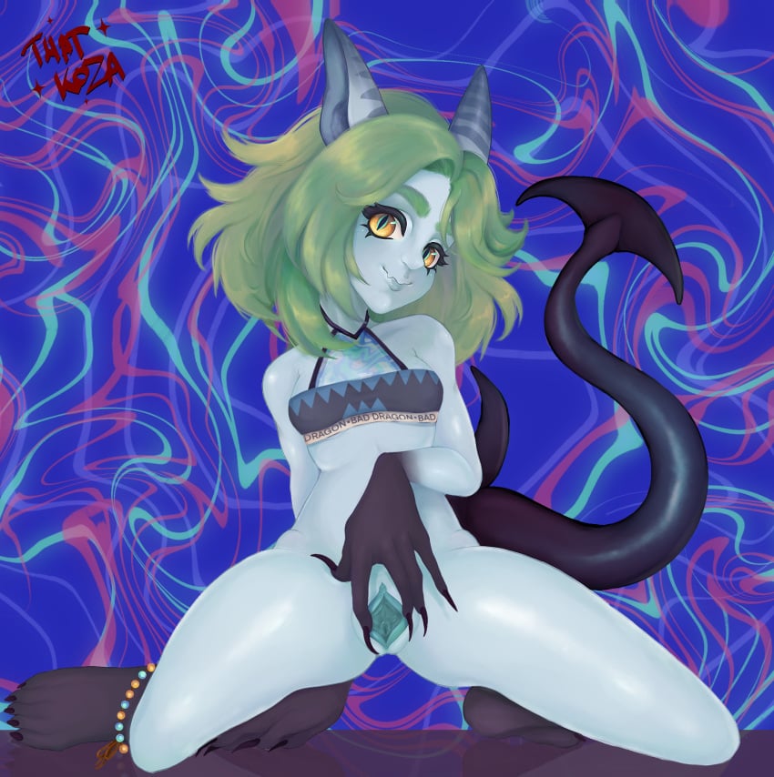 1girls alexstra alexstrawho black_feet black_hands black_tail blue_body blue_pussy blush bottomless cat_ears cat_eyes choker green_hair green_nipples hi_res leg_spread legs nails nipples nude_female oerba_yun_fang original pussy pussy_lips pussy_spreading tail thatkoza yellow_eyes