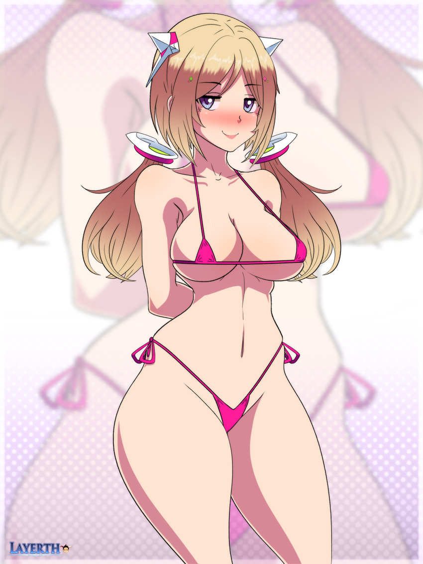 1girls aki_rosenthal bikini blonde_hair blush breasts female female_focus female_only hair_ornament highres hips hololive hololive_japan layerth light_skin long_hair looking_at_viewer purple_eyes solo thick_thighs thighs virtual_youtuber watermark wide_hips