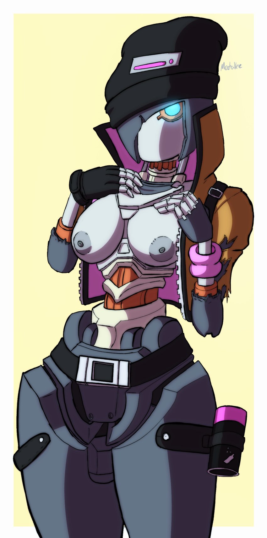 1girls beanie big_thighs breasts breasts clothed clothing epic_games exposed_breasts female female_only fortnite fortnite:_battle_royale functionally_nude functionally_nude_female gloves glowing_eyes grey_body gynoid hand_on_breast hat headwear jacket mechanical mechavee medium_breasts metallic_body mouthless nipples no_mouth one_eye one_eye_covered partially_clothed presenting presenting_breasts rebel_(fortnite) robot robot_girl robot_humanoid robotic small_waist solo solo_female solo_focus thick_thighs tits_out torn_clothes wasp_waist wide_hips