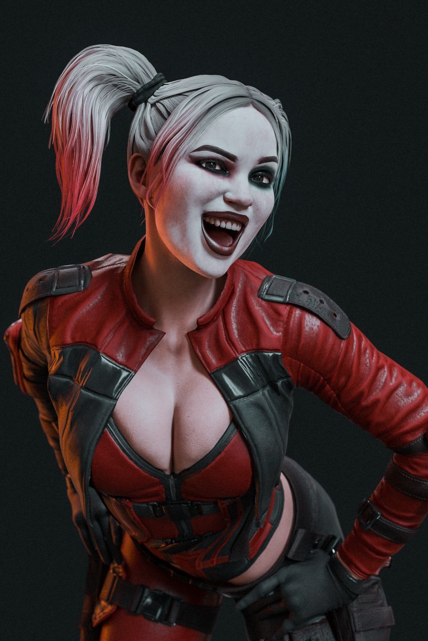 1girls 3d batman_(series) blue_eyes cgserpent cleavage clothed daz_studio dc dc_comics harley_quinn harley_quinn_(injustice) injustice_2 leather light-skinned_female makeup video_games white_hair