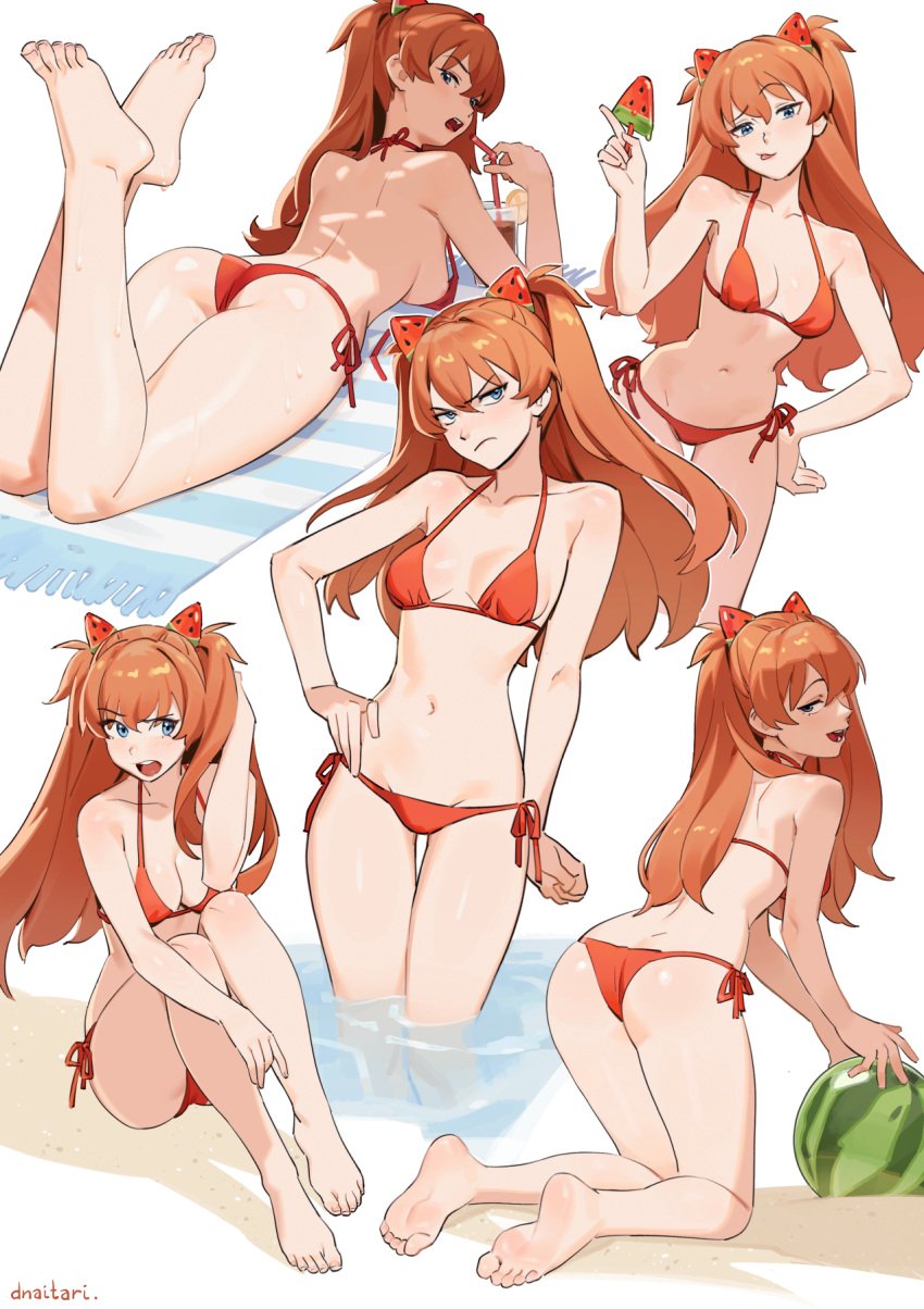 1girls ass asuka_langley_sohryu bikini bikini_top bikini_top_undone blue_eyes blush bottomwear breasts cleavage dnaitari drink feet feet_up female female_only full_body hair hair_ornament hand_on_hip hips legs long_hair looking_back medium_breasts multiple_views neon_genesis_evangelion on_stomach orange_hair popsicle red_bikini smile solo solo_female sweat sweatdrop swimwear thighs tongue tongue_out topwear watermelon