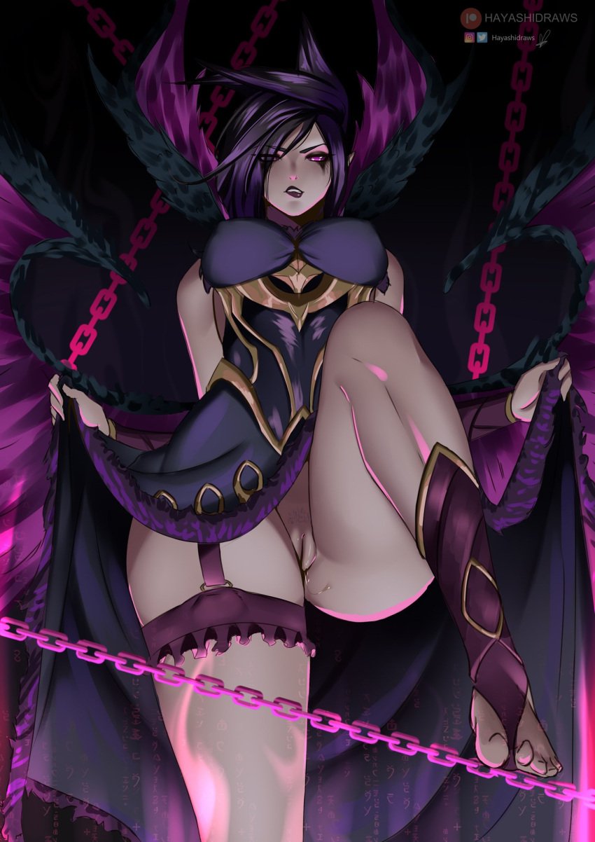 1girl 1girls biting_lip breasts dominant_female feet femdom foot_fetish goth goth_girl hayashidraws league_of_legends legs legs_up lifting_leg lips long_dress makeup medium_hair morgana no_pubes no_pubic_hair pawg purple_eyes purple_hair purple_lipstick pussy pussy_juice pussy_lips riot_games shaved_pussy shoulders tencent thick_thighs thigh_strap thighs toeless_footwear toeless_legwear toeless_socks toes waxed waxed_pussy wings wristwear