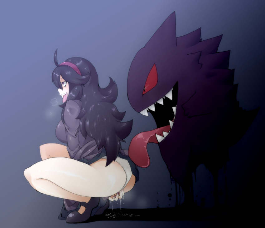 ahe_gao ahoge anus ass bags_under_eyes bare_legs black_hair blush boy_(artist) breasts clothed_masturbation clothing dress drooling embarrassed female femcum_under_clothes fingering gengar hairband heavy_breathing hex_maniac large_breasts licking long_hair long_tongue mary_janes masturbation masturbation_through_clothing messy_hair nail_polish nintendo open_mouth pale_skin panties pokemon pokemon_xy pokephilia purple_eyes purple_hair purple_nails pussy_juice saliva sharp_teeth shoes skirt skirt_lift squatting sweater tongue tongue_out underwear wet white_panties