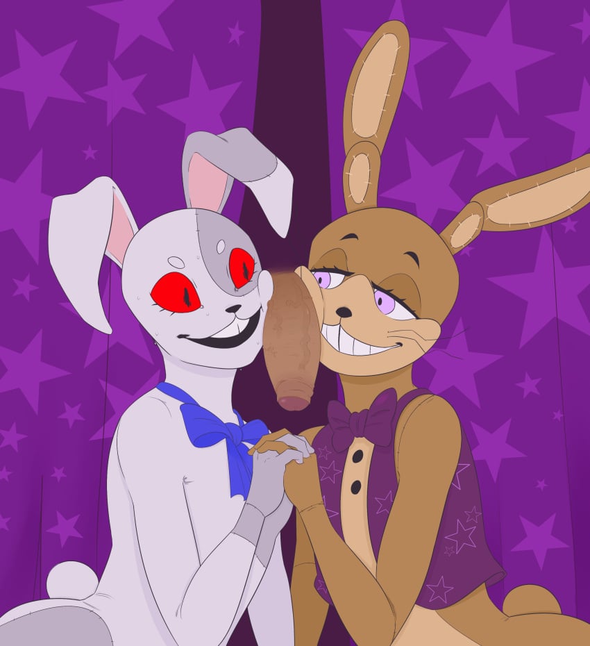 1girls 2boys big_penis bodysuit bowtie cock cock_on_face curtains five_nights_at_freddy's glitchtrap glitchtrap_(fnaf) interlocked_fingers mascot multiple_characters penis rabbit rabbit_ears stitchwool vanny_(fnaf)