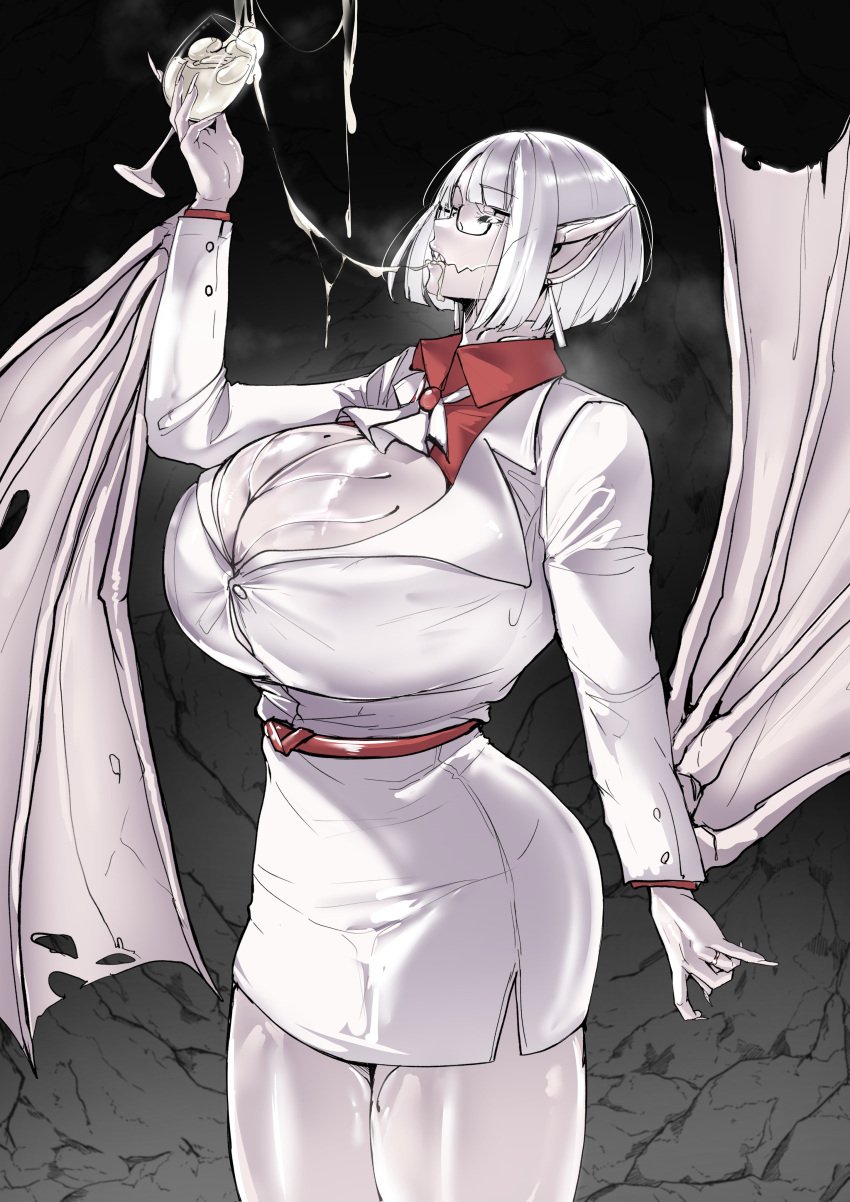 1girls albino arm_wings bat_girl bat_wings big_breasts busty character_request cleavage cum cum_in_glass drinking drinking_cum fangs female female_only glass glasses huge_breasts knife_ears large_breasts massive_breasts milf mostly_clothed pale-skinned_female pale_skin pointy_ears puzenketsu sharp_ears tagme thick thick_thighs thighs vampire vampiress white_body white_skin wings