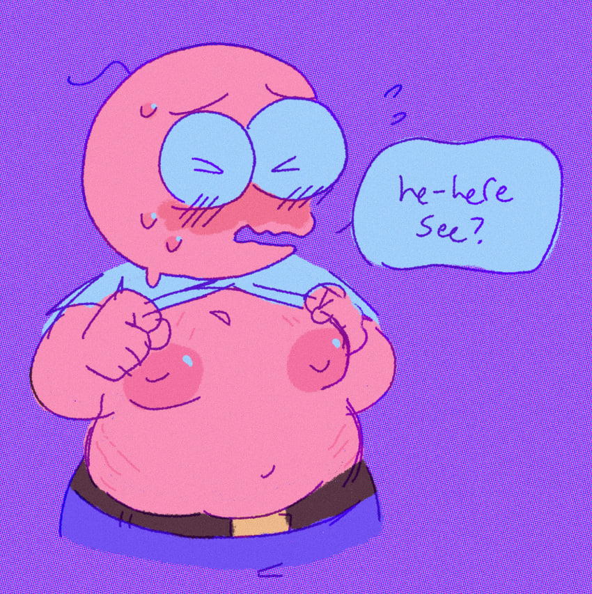 1boy blush blushing breasts breasts_out colored_sketch cuntboy embarrassed english_text first_person_view flashing intersex male male_chest male_only moobs non-human pim_(smiling_friends) pink_body popeexoxo self_upload shy smiling_friends stretch_marks sweatdrop