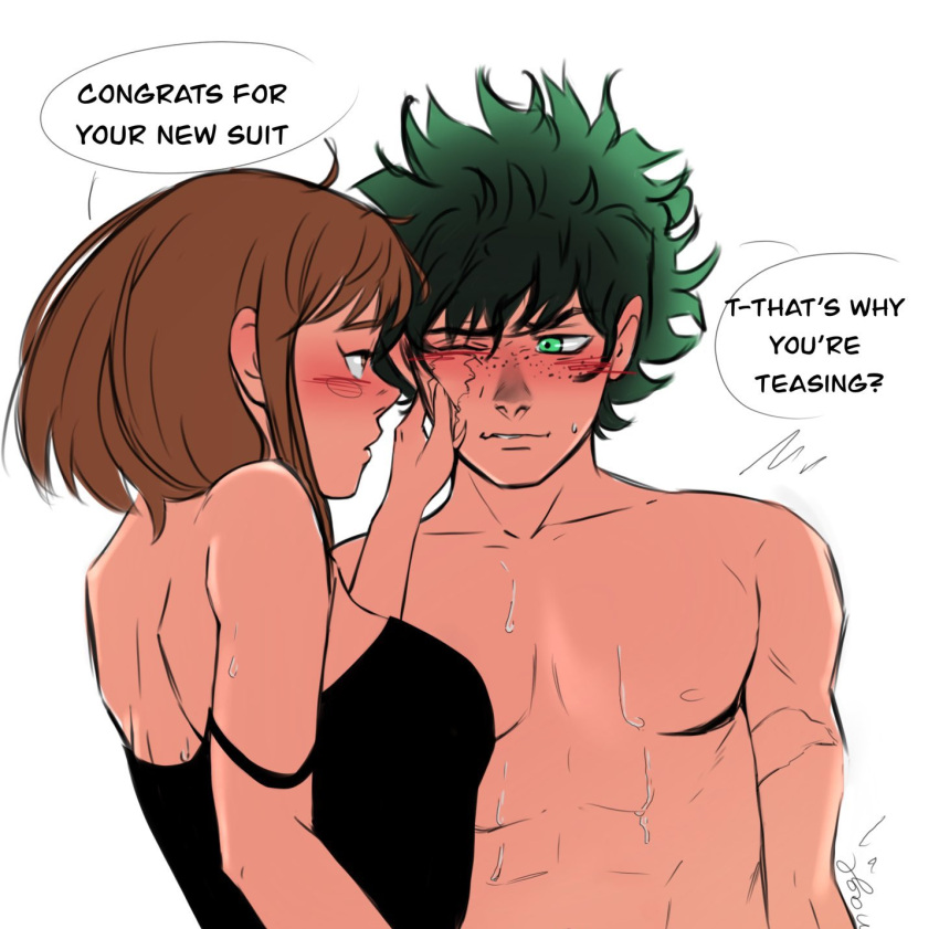 1boy 1girls blush brown_hair clothed_female_nude_male dialogue female freckles freckles_on_face green_eyes green_hair izuku_midoriya male medium_hair messy_hair muscular muscular_male my_hero_academia naked_male nude_male nude_male_clothed_female ochako_uraraka scar_across_eye scars sunimage sweat sweating